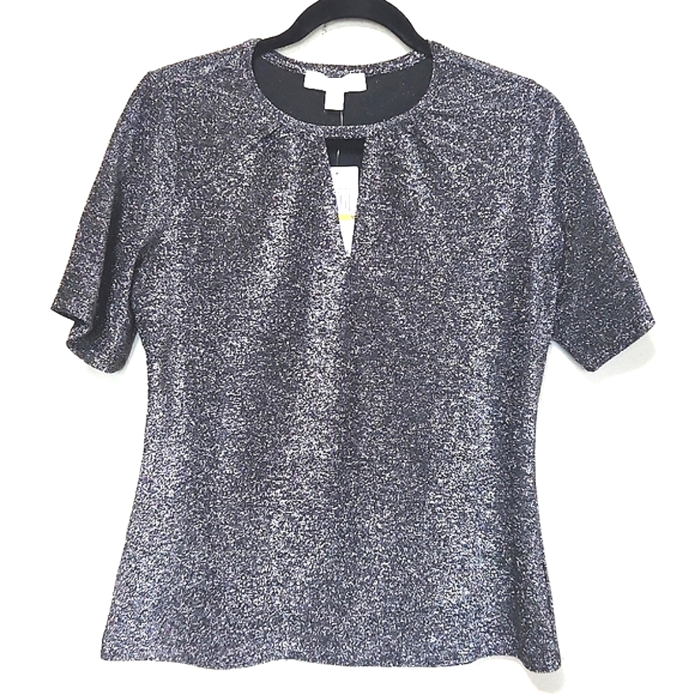 NWT Michael Kors Black & Silver Metallic Sparkle Short Sleeve Top Women's Size M